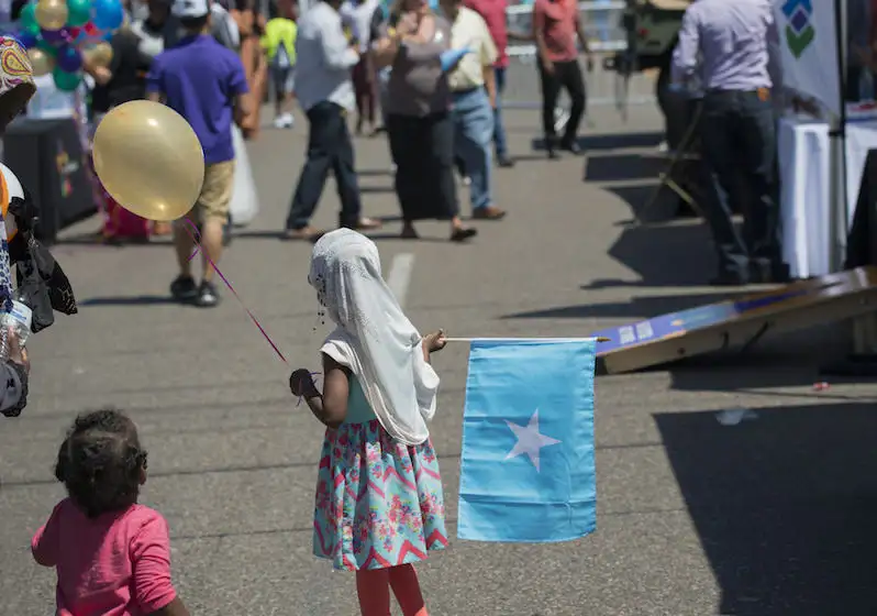 Image from truth dig article of a young girl holding a somali flag